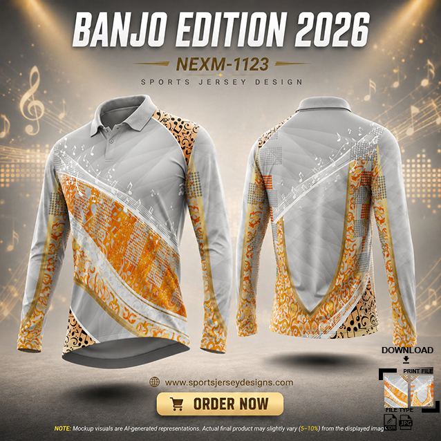 NEXM-1123 GREY AND ORANGE PATTERN MUSICAL BANJO GROUP SUBLIMATION JERSEY DESIGN IN ORANGE AND BLACK COLOR